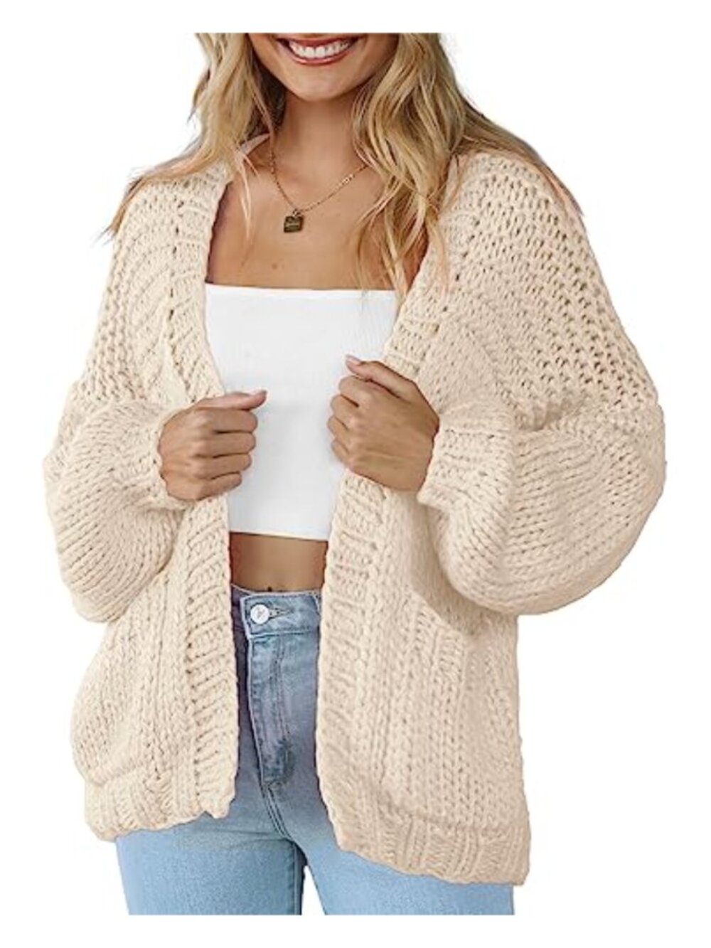 Lantern Sleeve Cable Knit Open Front Cardigan with Pockets
